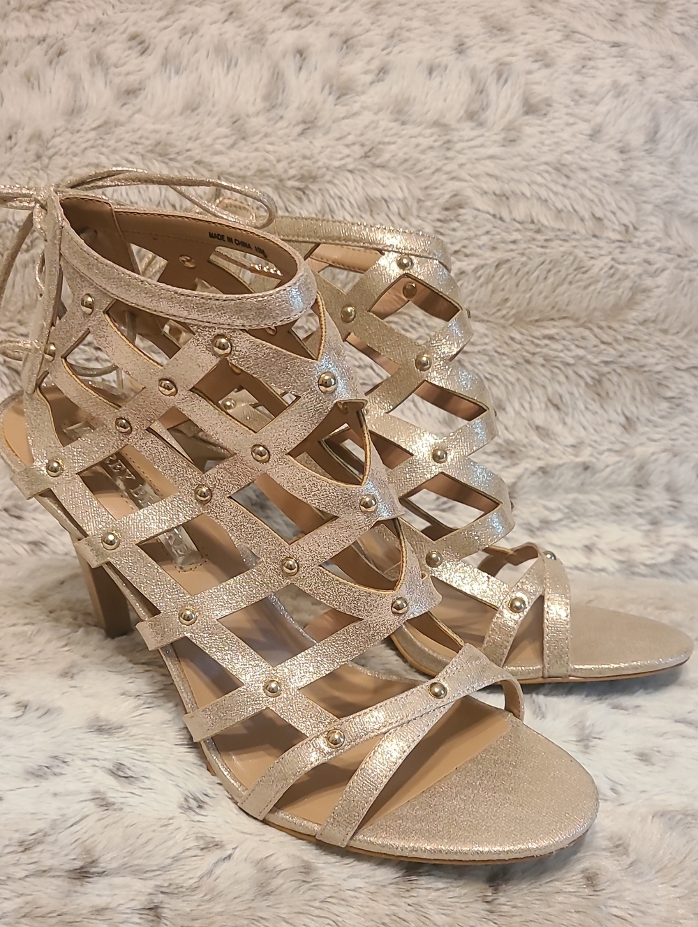Audrey Brooke Metallic Gold Lattice Stud Heel Sandals